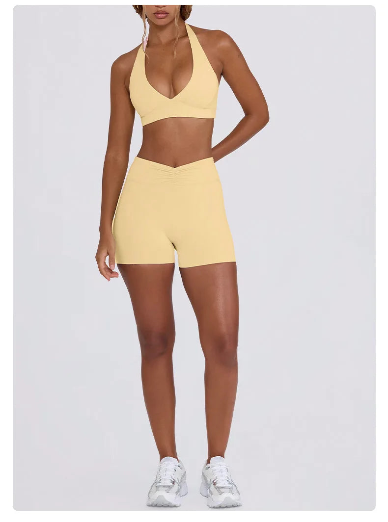 Women's Yoga Suits Quick Drying Leggings Gym Shorts Nude Hanging Neck Bra Running Gym Exercise Sets