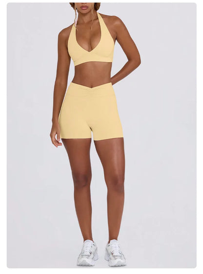Women's Yoga Suits Quick Drying Leggings Gym Shorts Nude Hanging Neck Bra Running Gym Exercise Sets