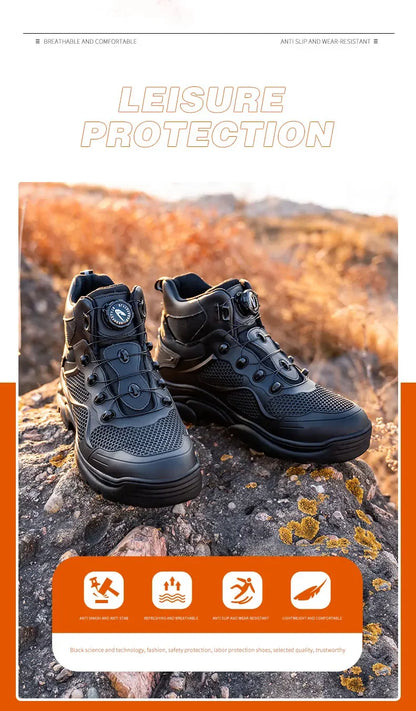 Men's Safety Work Boots Steel Toe Breathable Indestructible Puncture-Proof Rotary Buckle Shoes Comfortable Brand Work Footwear