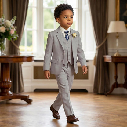 Boys 4 Piece Formal Suit Set with Vest Tie Boutonniere for Wedding Ring Bearer Prom Ceremony Party Celebration Family Gathering