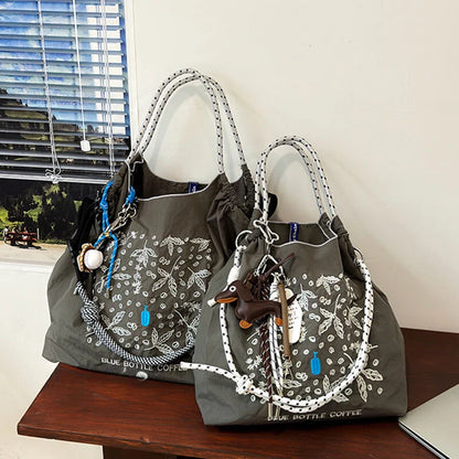 Ladies' tote bag, new nylon embroidered shopping bag, large-capacity single-shoulder bag, hand-held bag, casual style, lightweig