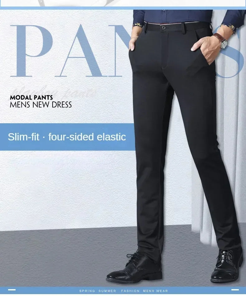 Spring and Autumn Men's Suit Pants Elastic Stretch Dress Pants Slim Male Casual Trousers Straight Leg Formal Black Blue