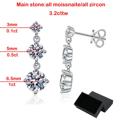 D VVS1 3.2CTTW Certified Moissanite Drop Earrings for Women Lab Diamond Wedding Jewelry 925 Sterling Silver Plated PT950