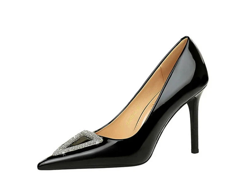 American Banquet High Heels Slim Heels Shiny Patent Leather Shallow Mouth Pointed Toe Shining Rhinestone High Heels Single Shoes