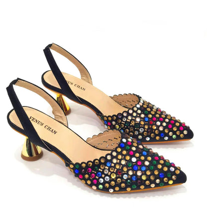 Sapatos Femininos Salto Alto Ponta Fina Designer Luxo Pedras Coloridas Festa Noturna Conjuntos de Sapatos e Bolsas Combinando