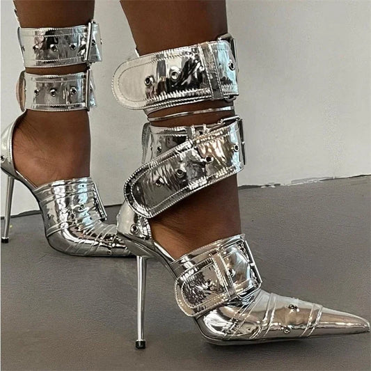Denim Metal Rivet Buckle Silver Sandals Women's Sexy Punk Style Pointed Metal Hollow 12cm High Heels Size 34-43 Womens Shoes