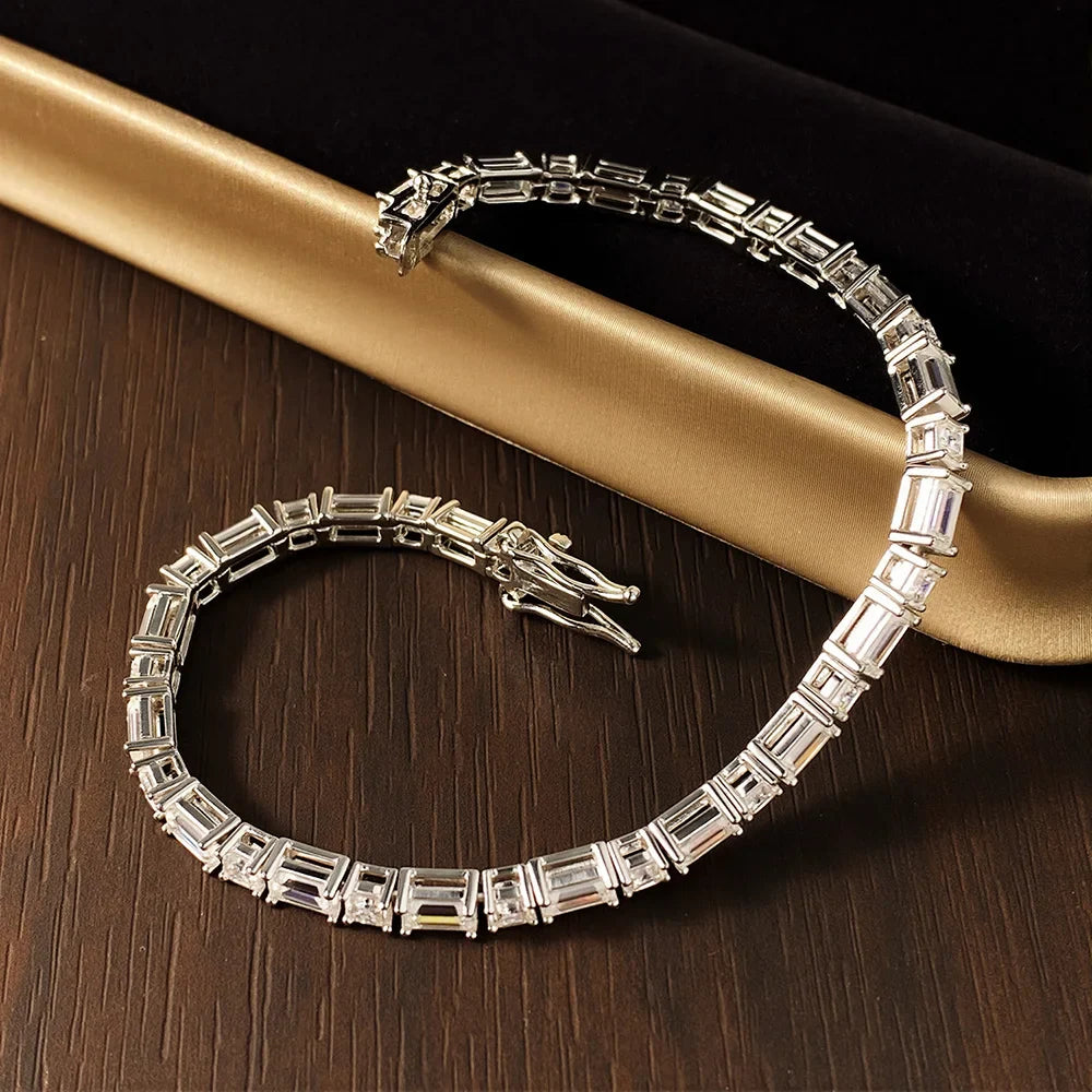 KNOBSPIN Emerald/Ascher Cut Moissanite Tennis Bracelet s925 Sterling Silver Plated White Gold with GRA Bracelets for Women Man