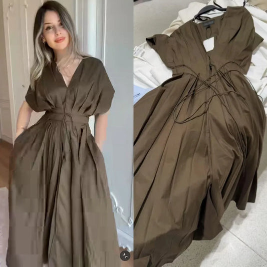 women's elegant party dress Vintage V-neck fashion pleated lace-up MIDI poplin dress