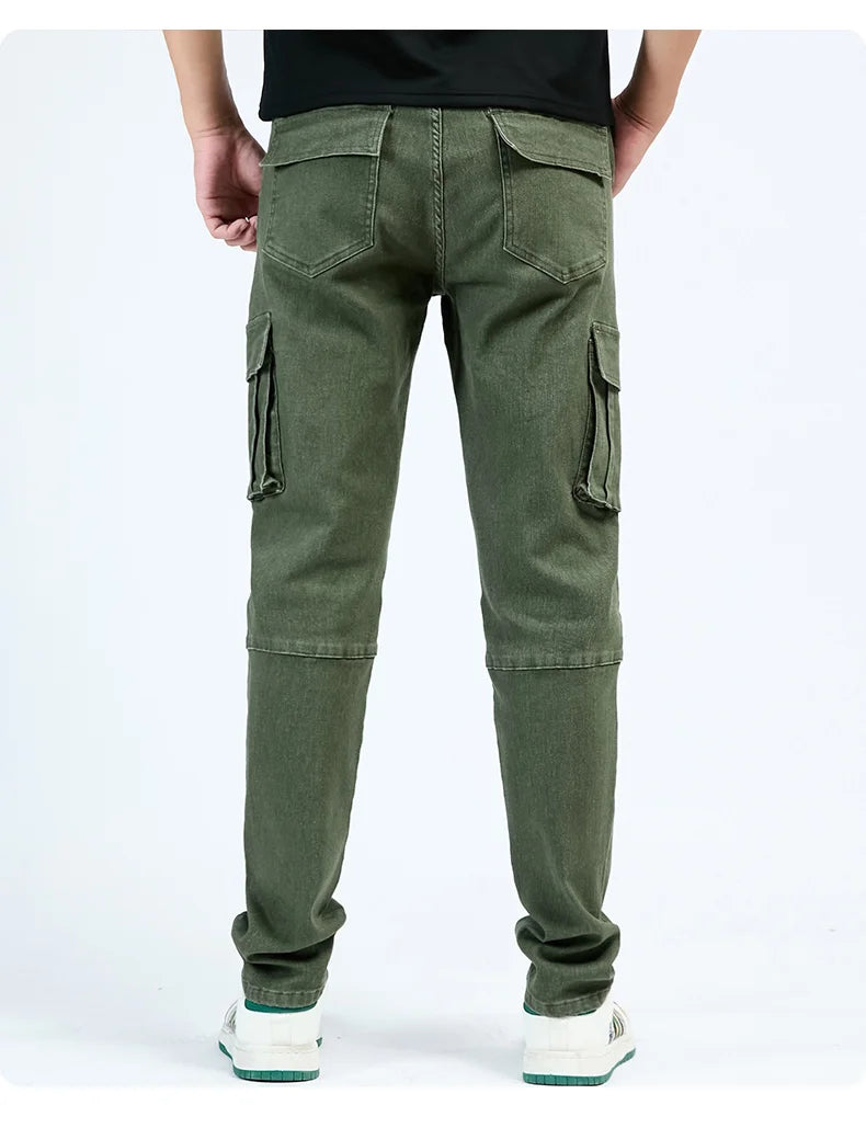 Men's Street Style Elastic Waist Denim Cargo Pants Solid Color Washed Slim Fit Casual Jeans with Multiple Pockets for Daily Wear