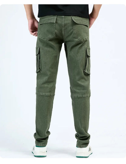 Men's Street Style Elastic Waist Denim Cargo Pants Solid Color Washed Slim Fit Casual Jeans with Multiple Pockets for Daily Wear