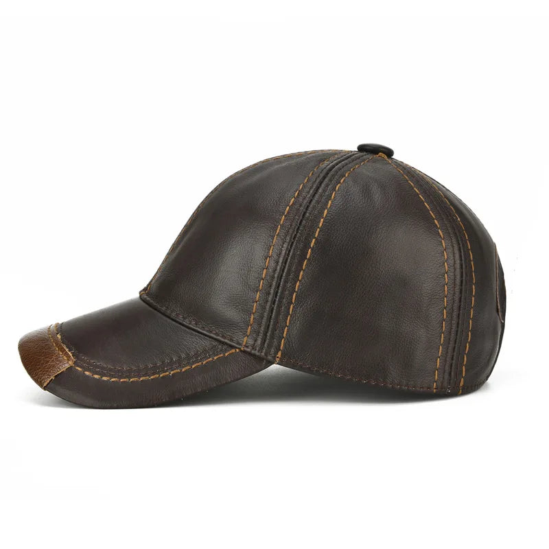 Men Real Cowhide Leather Earlap Caps Male Fall Winter 100% Real Cow Leather Hats New Casual Real Leather Outdoor Baseball Cap