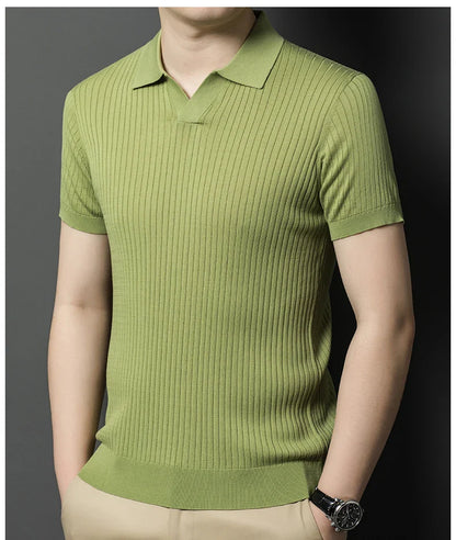 Mulberry Silk Men's Short-Sleeved Shirt, Slim Fit Summer Business Gentleman Men's Polo Shirt in 2024, High-End Knitwear