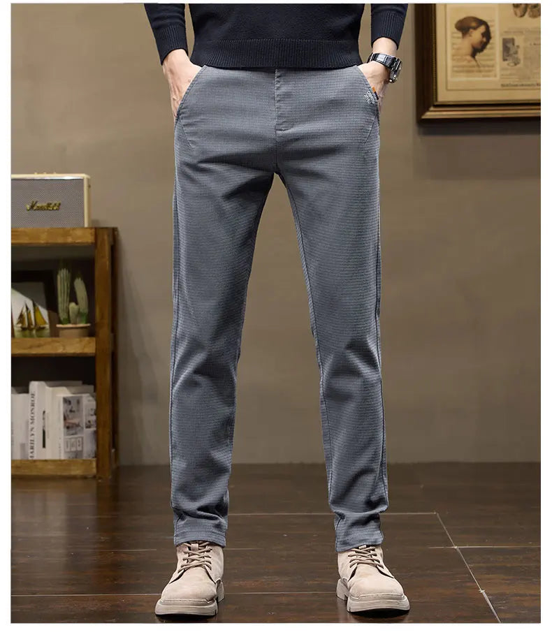Winter Thicken Men's Solid Slim Straight Casual Pants Business Classic Fleece Trousers Male Warm Plaid Elasticity Pants