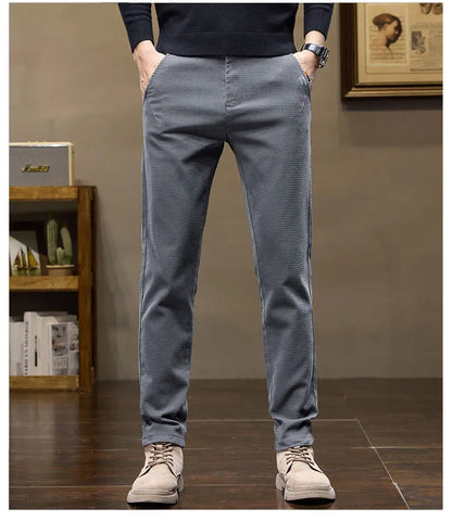 Winter Thicken Men's Solid Slim Straight Casual Pants Business Classic Fleece Trousers Male Warm Plaid Elasticity Pants