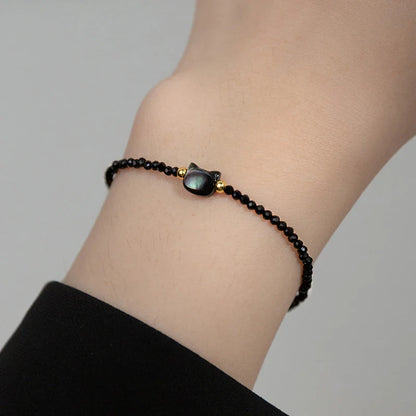 925 Sterling Silver Vintage Black Round Crystal Bracelet Cute Cat Link Chain Bracelet For Women Party Jewelry Gifts
