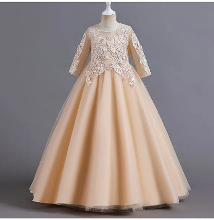 New Slim short sleeve fashion girls dress 3-12 years old Fluffy white wedding Sweet Princess dress lace