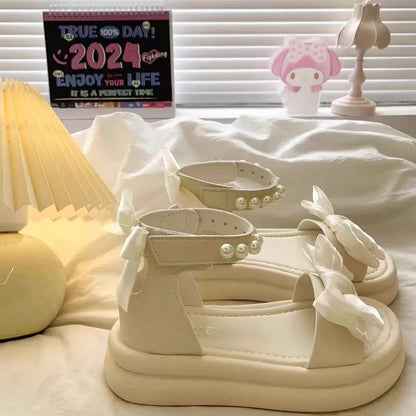 Girls Sandals Pearl Bow Princess Shoes 2026 Summer New Children's Beach Shoes Girls Soft Sole Sandals