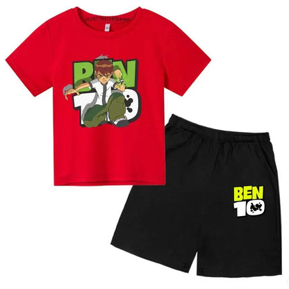 Kids Cartoon Ben Tennyson 10 Print Summer 2pcs Breathable Tees+Shorts Sports Suits 2-13Years Boys Girls Outfits Children Clothes
