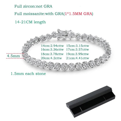 Brilliant Cut Flower Moissanite Tennis Bracelet for Women 1.5mm Gem Full Diamond 925 Sterling Silver Plated 18K Jewelry