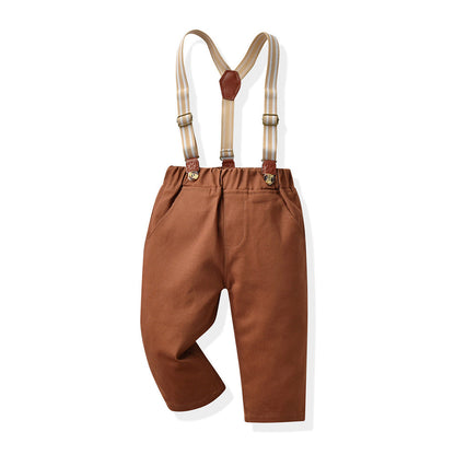 Boy Autumn Cotton Long Sleeve Plaid Shirt and Strap Pants Set Boys' Strap Pants Set Boy Red Pants and Shirts for 70cm-160cm