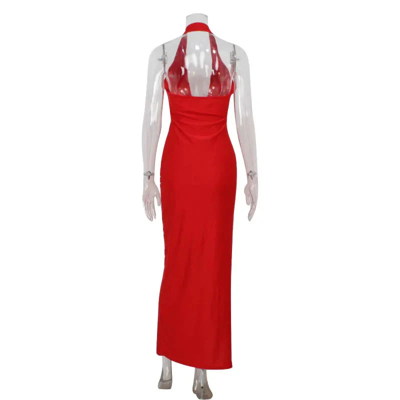 Fashion Sexy Women's Party Dresses Solid Swinging Collar High Split Sleeveless Maxi Slim Folds Blackless Vestidos Robes