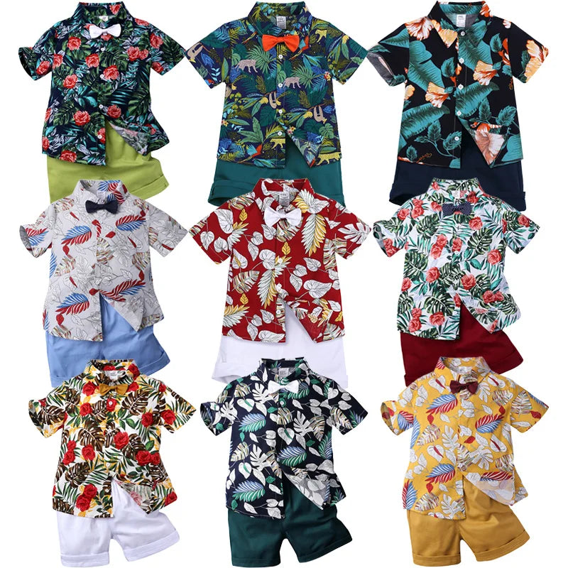 2026 Gentleman  Kids Boys Party Clothing Set Print Hawaii Style Short Sleeve Shirt +Short Pants Formal Suit Seaside Outfits 2Pcs