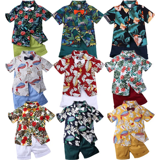 2026 Gentleman  Kids Boys Party Clothing Set Print Hawaii Style Short Sleeve Shirt +Short Pants Formal Suit Seaside Outfits 2Pcs