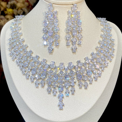 Luxury Floral Design Wedding Dubai Bridal Jewelry 2 PCS Set Shiny Cubic Zirconia CZ Necklace Pendant Earrings X0202