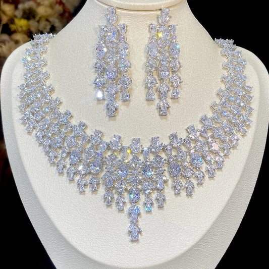 Luxury Floral Design Wedding Dubai Bridal Jewelry 2 PCS Set Shiny Cubic Zirconia CZ Necklace Pendant Earrings X0202
