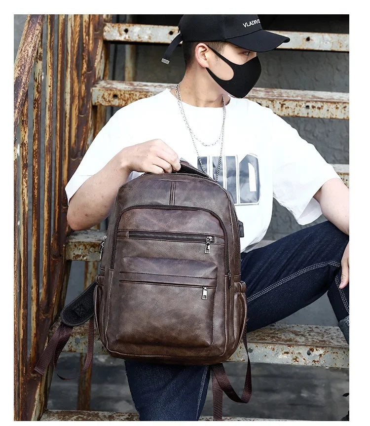 High QualityUSBCharging Backpack MenPULeather Large Capacity Computer Backpack School Backpack for Teenage Boys