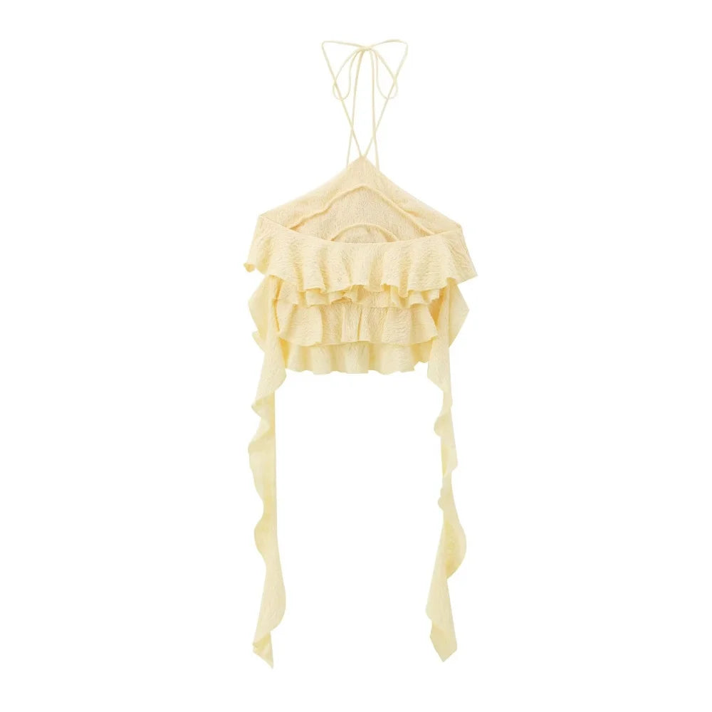 Textured halter crop top with ruffles Women's short yellow sleeveless top with sexy streamers for summer 2025 ETJ