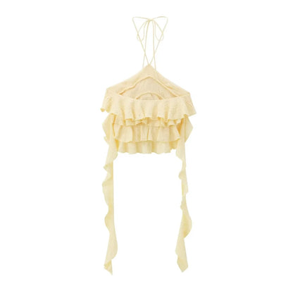 Textured halter crop top with ruffles Women's short yellow sleeveless top with sexy streamers for summer 2025 ETJ