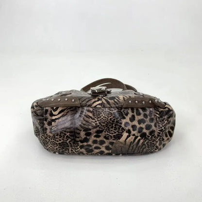 Y2K street personality spicy girl leopard print patchwork tote bag with multiple pockets and rivets retro crossbody handbag