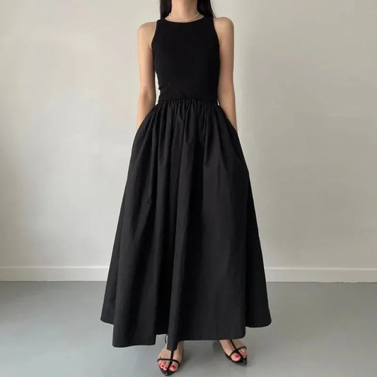 Simple Elegant Black Long Dresses For Women Round Neck Sleeveless High Waist Temperament Female Fashion Style Dress