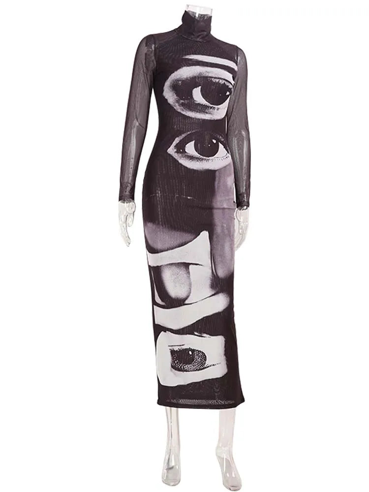 Fashion Women's Maxi Dresses Printed Turtleneck Regular Long Sleeves Sheath Slim Fit Eyes Causal Streetwear Vestidos