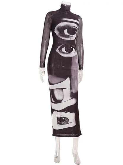 Fashion Women's Maxi Dresses Printed Turtleneck Regular Long Sleeves Sheath Slim Fit Eyes Causal Streetwear Vestidos