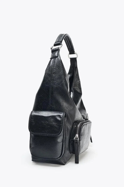 WOMEN'S CRACKLED EFFECT POCKET BAG, New Luxury Designer Punk Style Shoulder Hobo Bag, Multiple pockets Motorcycle Bag for Women