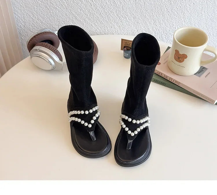 2025 Children High-top Sandals for Girls Summer New Fashion Korean Style Soft Sole Non-slip Versatile Pearl Roman Princess Shoes