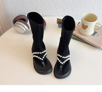 2025 Children High-top Sandals for Girls Summer New Fashion Korean Style Soft Sole Non-slip Versatile Pearl Roman Princess Shoes