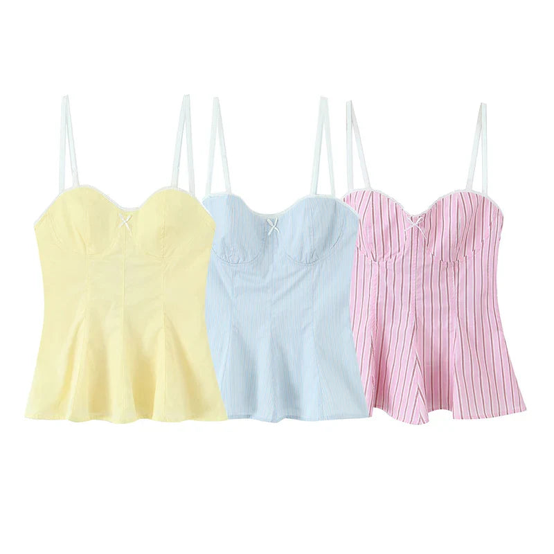 Women Fashion With Bow Striped Backless Side Zipper Tops Vintage Thin Straps V-Neck Female Chic Lady Camis