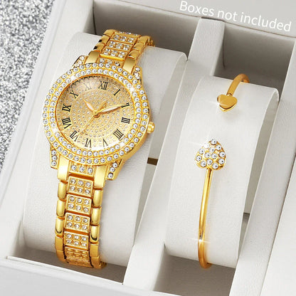 2/6PCS Luxury Diamond Women Watches Ladies Roma Dial Quartz Watch With Heart Jewelry Set Reloj Mujer (Without Box)
