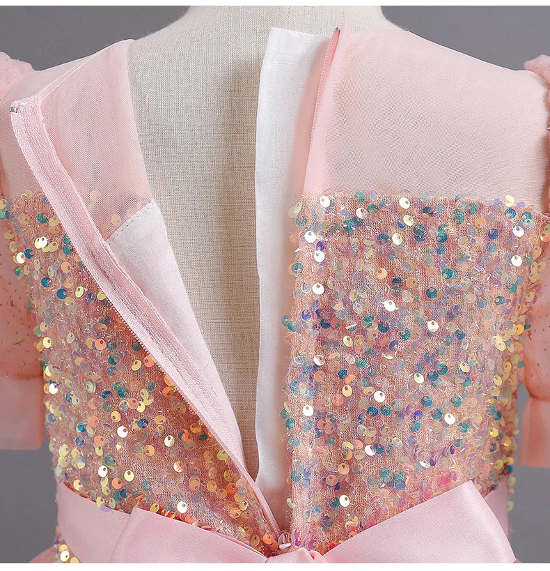 Children's Dress Girls' Princess Sequin Bubble Sleeve Long Mesh Flower Little Girl Wedding For Summer