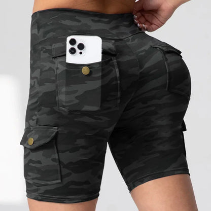 Camouflage Printed Women Shorts with Pockets Butt Lifting Tummy Tight Elastic Slim Outdoor Running Workout Shorts Streetwear