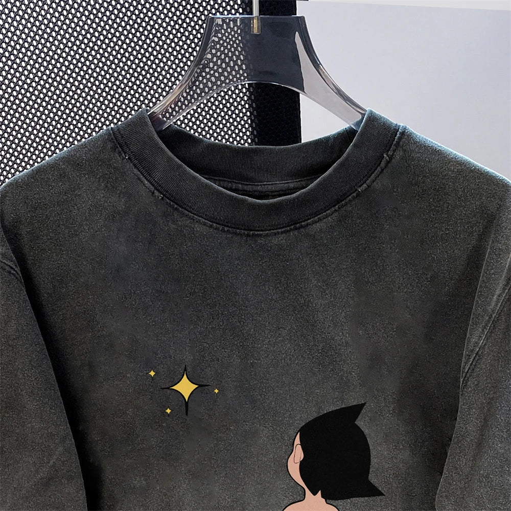 Washed Cartoon Short-Sleeved Tees Men's Women's T-Shirt American Streetwear Vintage Washed Cotton Tops Super Popular