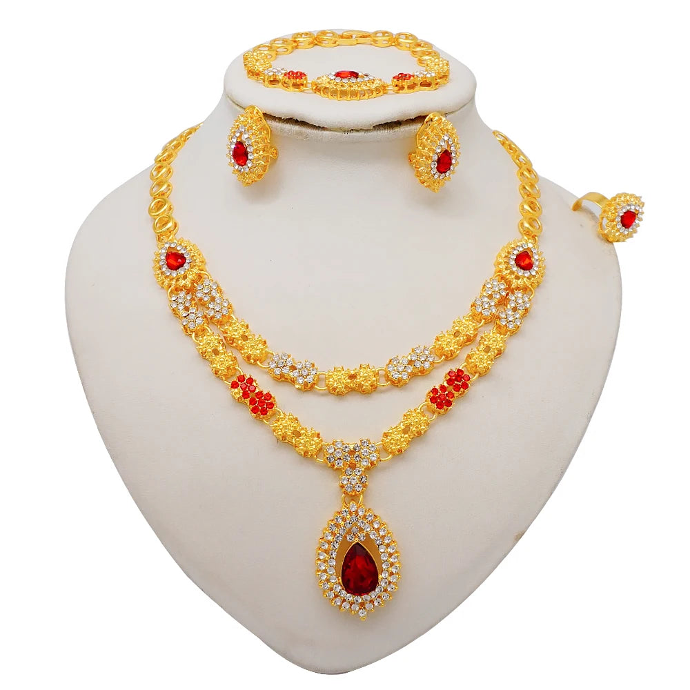Women Gold Color Jewelry Sets Blue Pendant Necklace Earrings Bracelet Ring Sets Party Gifts