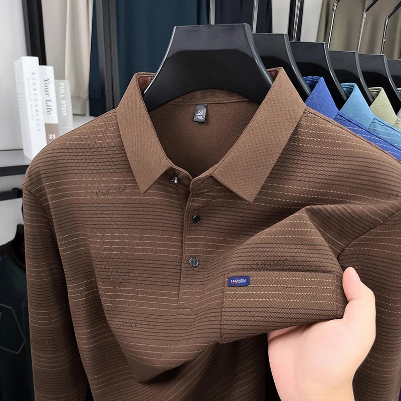 2025 long sleeved men's spring and autumn collar striped pullover top with loose pockets polo shirt