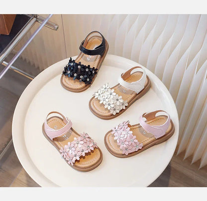 Little Girls Floral Bohemian Sandals with Beads Princess Sweet Kids Summer Shoes Open Toes Anti-skid Size 22-31Hook & Loop Cute