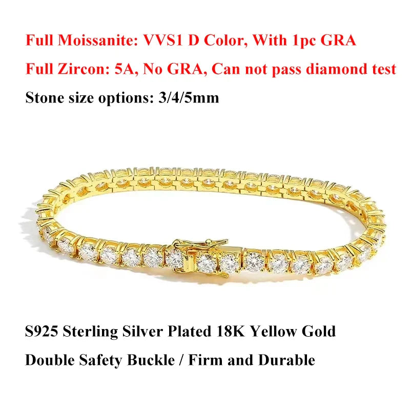 3mm 4mm 5mm Moissanite Tennis Bracelet for Women Men 925 Silver Plated 18k Gold Pass Diamond Tester Link Bracelets Bangle