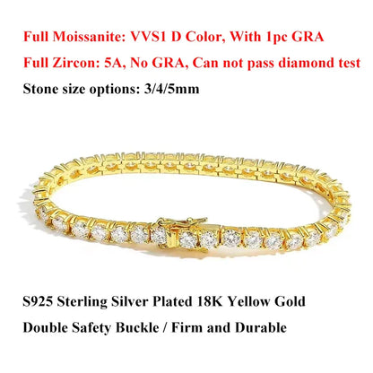 3mm 4mm 5mm Moissanite Tennis Bracelet for Women Men 925 Silver Plated 18k Gold Pass Diamond Tester Link Bracelets Bangle