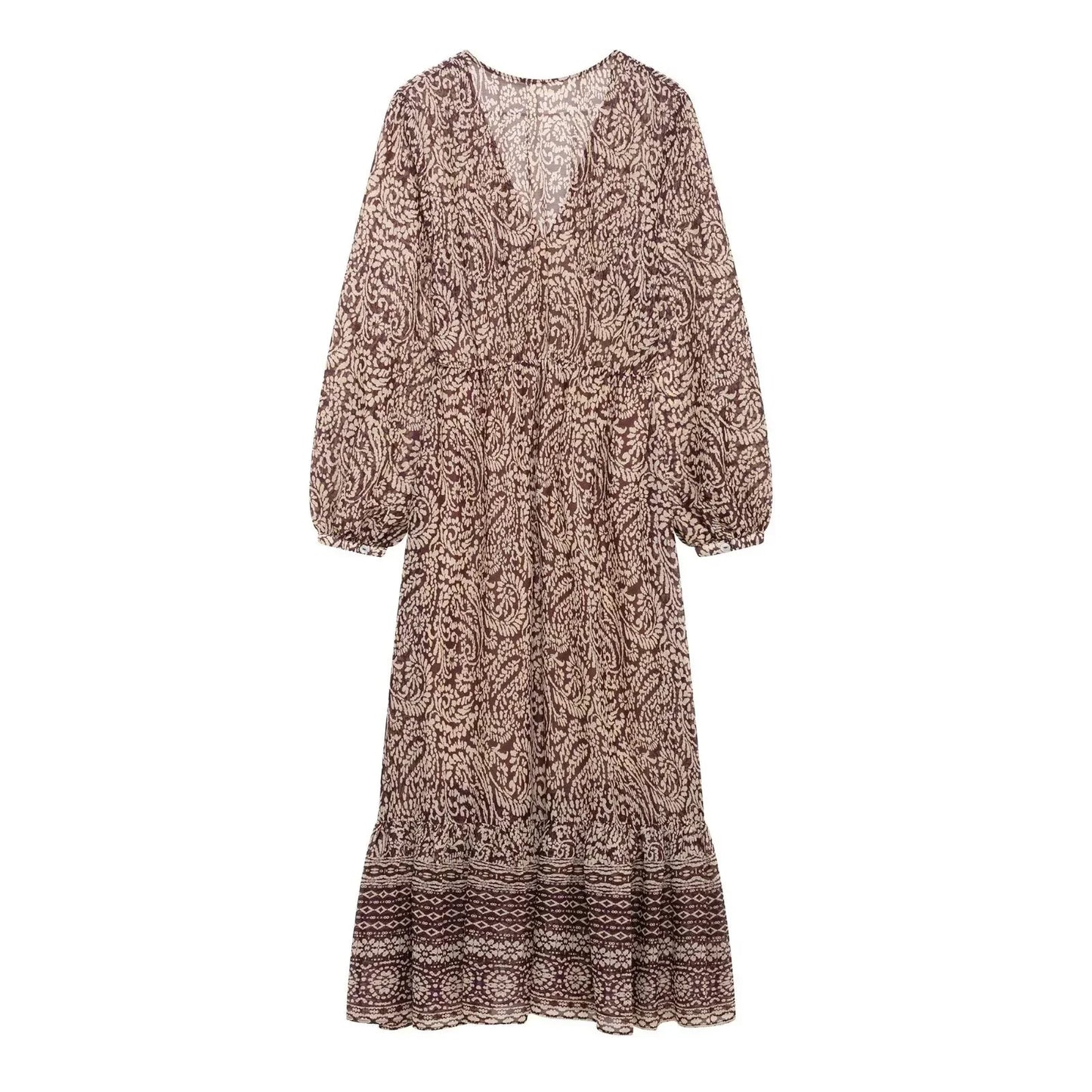 2025 Spring New Product Women's Stacked Decorative Printed V-neck Midi Dress Fashion Retro Pattern Printed Skirt